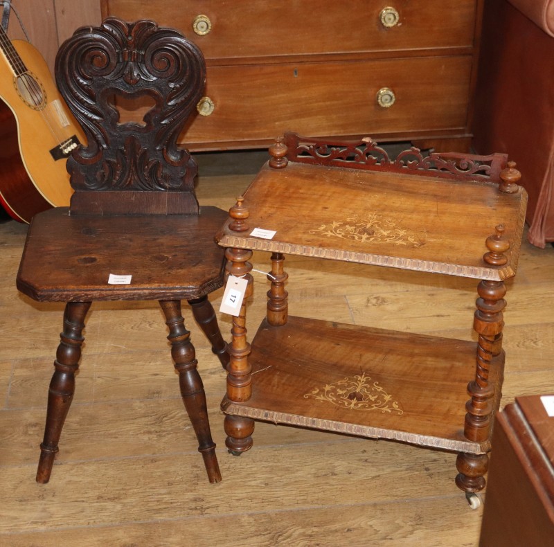 A Victorian inlaid walnut two tier whatnot (cut down) and a Swiss oak hall chair, whatnot W.53cm, x D.34cm x H.53cm